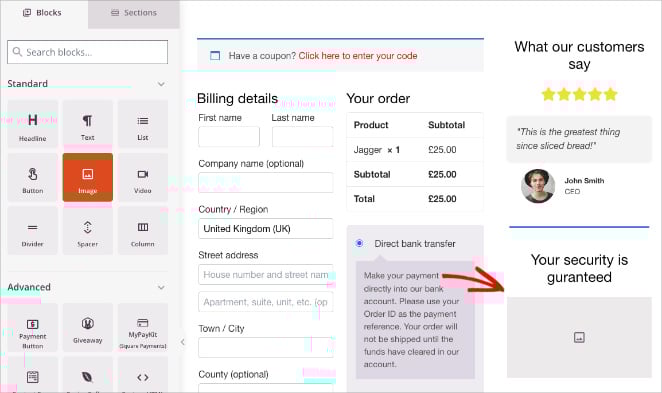 add-seedprod-image-block-checkout - SeedProd Adding an Image block below the checkout section in the SeedProd builder.