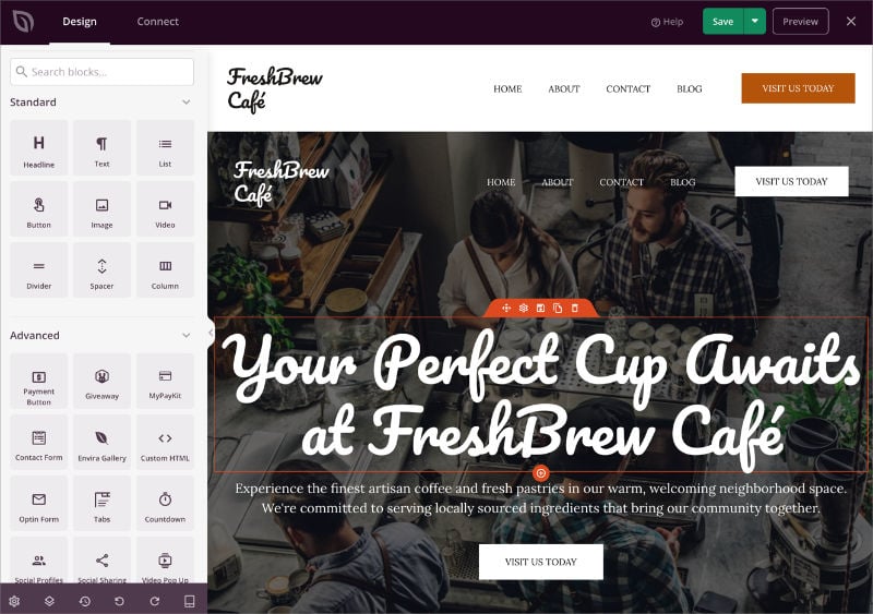 Screenshot - SeedProd Generated WordPress website open in the SeedProd drag and drop editor