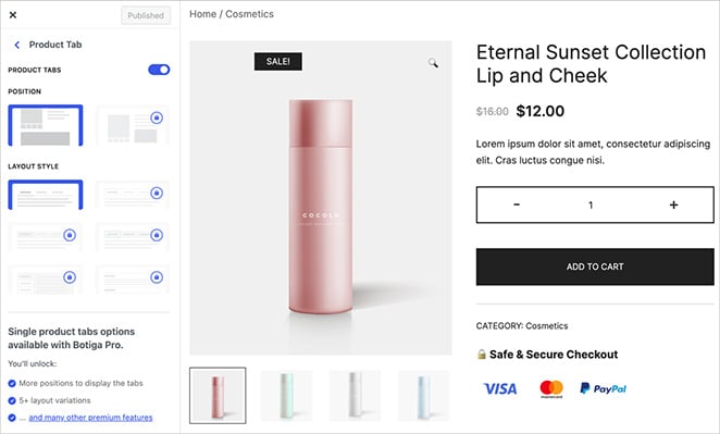 Botiga single Product page settings