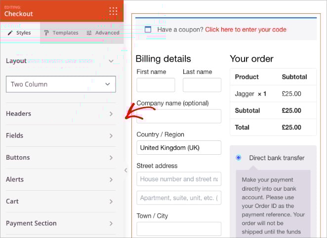 checkout-block-settings - SeedProd Customizing the WooCommerce Checkout block settings for fonts, buttons, and colors in SeedProd.