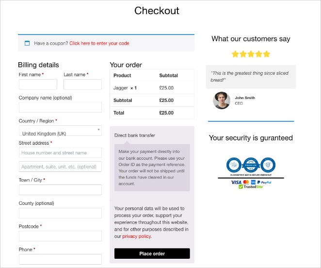 custom-woocommerce-checkout-page-trust-badges - SeedProd Custom WooCommerce checkout page built with SeedProd showing trust badges below payment section.