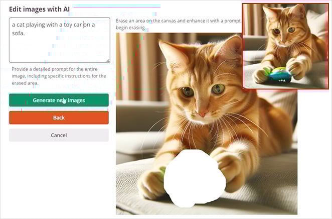 Screenshot of SeedProd AI image editing interface with text input reading 'a cat playing with a toy car on a sofa.' A main image shows an orange cat looking towards the camera with a section erased, while a smaller inset image shows the same cat with a toy car, highlighted in a red box to indicate editing.