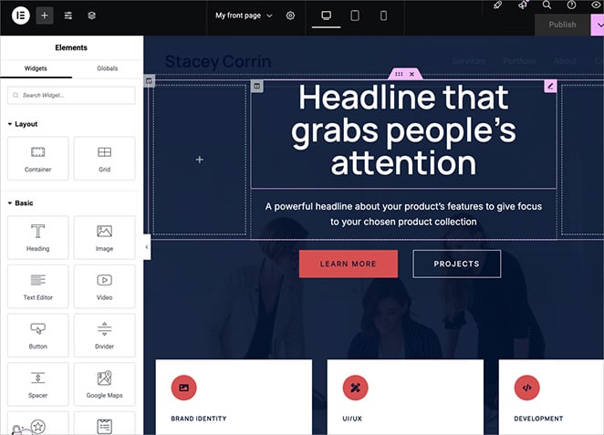Editing Sydney WordPress theme homepage with Elementor