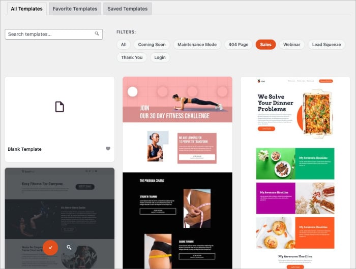 SeedProd template library with layout options for building a landing page.