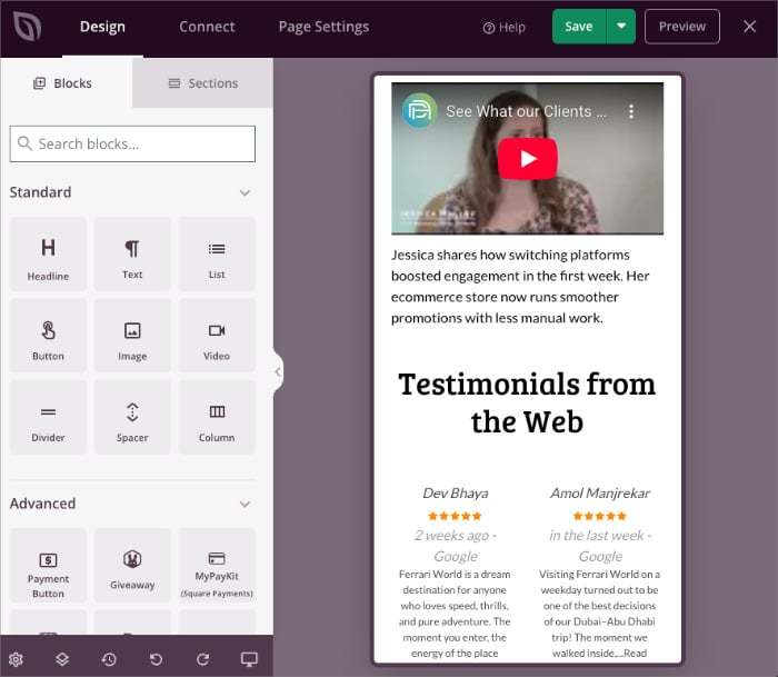 Mobile preview of a testimonial page layout inside SeedProd.