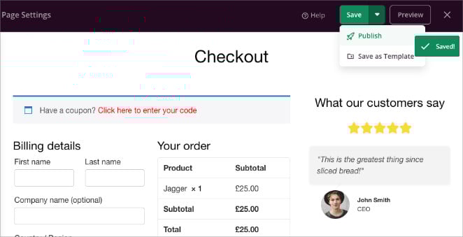 publish-seedprod-checkout-page - SeedProd Publishing the custom WooCommerce checkout page in the SeedProd builder.