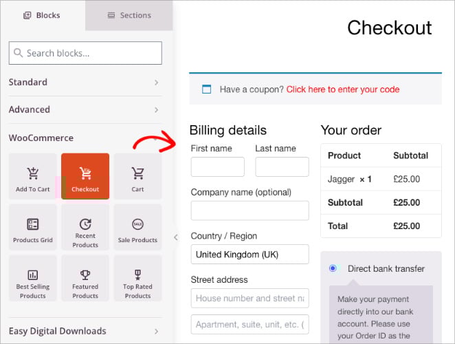 seedprod-checkout-block - SeedProd Dragging the WooCommerce Checkout block into the SeedProd page layout.