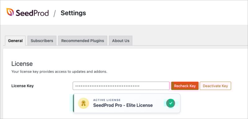 seedprod-license-key - SeedProd Entering the SeedProd license key in WordPress to unlock WooCommerce features.