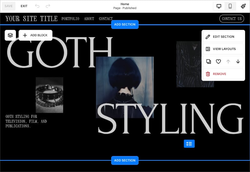 squarespace-website-editor - SeedProd Squarespace website editor showing a modern template layout for a creative service portfolio