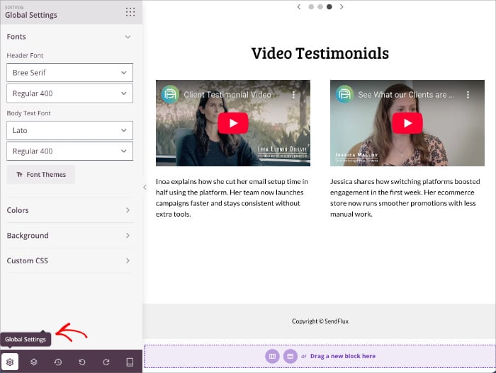 SeedProd global design panel for changing fonts and colors across a landing page.