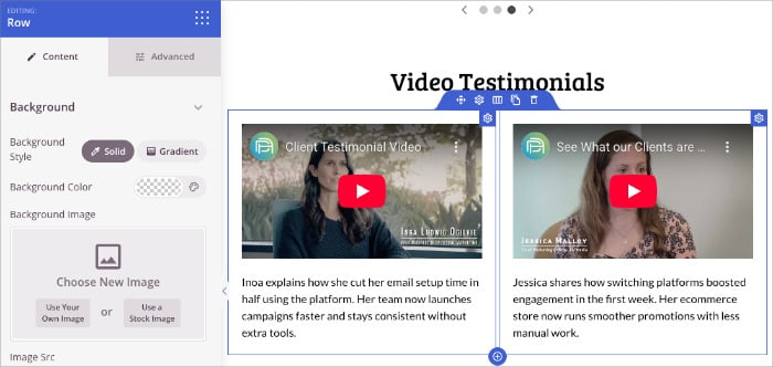 SeedProd layout controls for adjusting spacing and column settings on a testimonial section.
