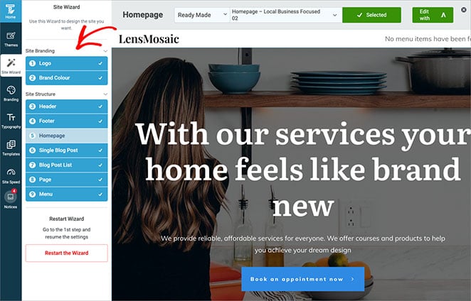 Setting up a theme using Thrive Themes site wizard.