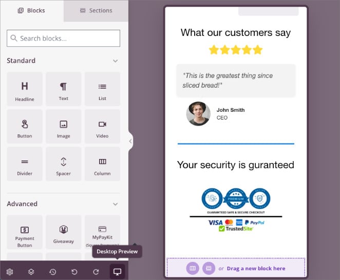 trust-badge-mobile-preview - SeedProd Using SeedProd mobile preview to check trust badge placement on smaller screens.