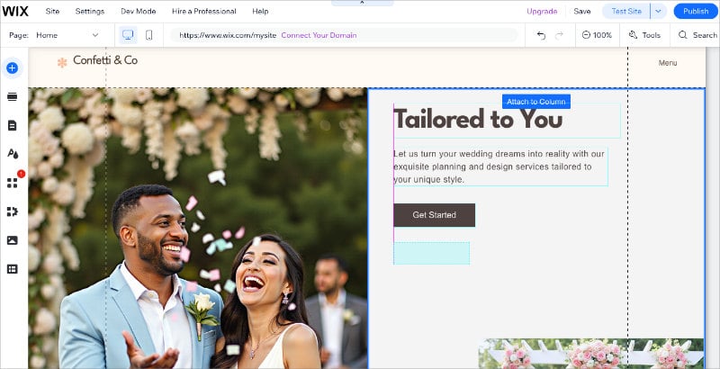 wix-website-editor - SeedProd Wix drag-and-drop editor showing freeform page layout editing for a service business site