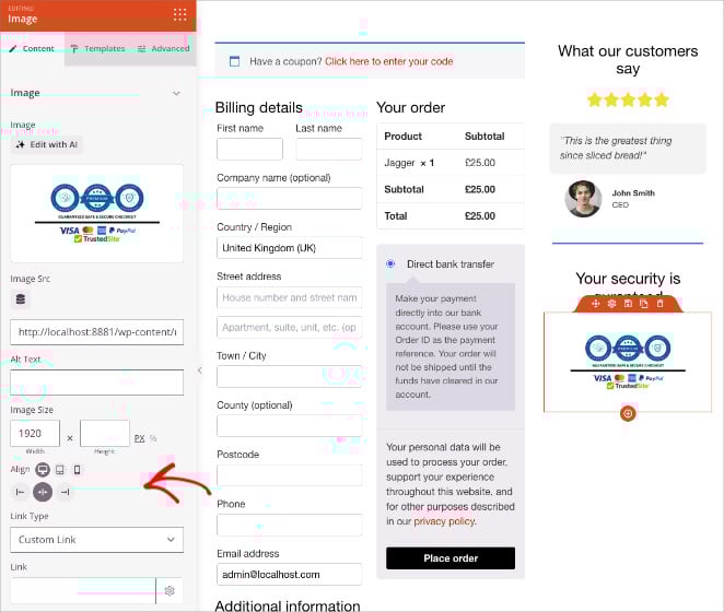 woocommerce-trust-badge-image-settings - SeedProd Adjusting alignment, size, and spacing of trust badge images in the SeedProd settings panel.