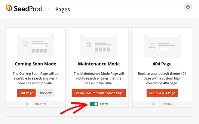 Click the switch to put WordPress in maintenance mode using SeedProd