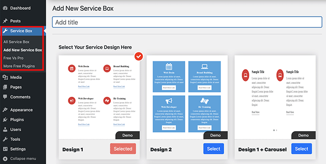 Start a new service box layout using Service Box plugin in WordPress
