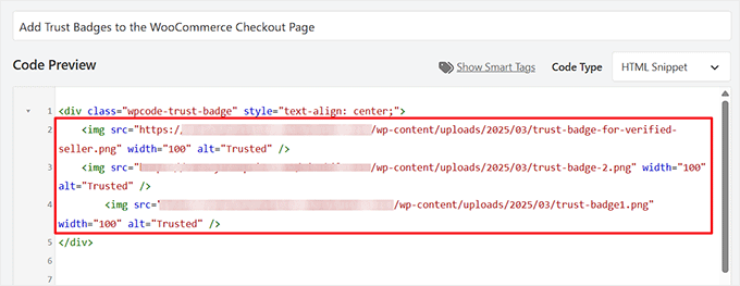 add-trust-badges-code-snippet - SeedProd Adding a custom HTML code snippet for trust badges in the WPCode plugin editor.