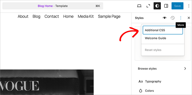 additional-css-WordPress-site-editor - SeedProd Opening additional CSS in WordPress full site editor