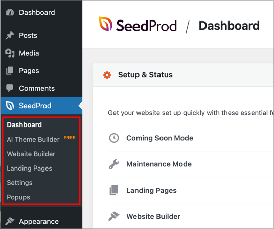 admin-menu-seedprod - SeedProd Redesigned SeedProd sidebar menu showing Dashboard, AI Theme Builder, Website Builder, Landing Pages, and Settings.
