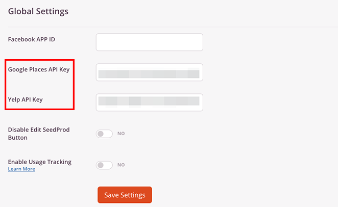 api-key-settings-seedprod - SeedProd Google Places API Key and Yelp API Key settings