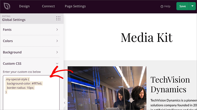 custom-block-class-css-code-example - SeedProd Using the custom CSS class to change the heading block CSS