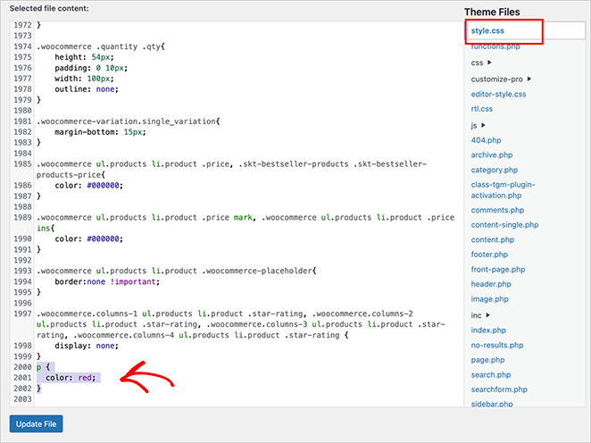 custom-css-WordPress-theme-files - SeedProd how to add custom CSS in WordPress style.css in theme editor