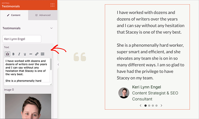 Custom WordPress theme testimonials section