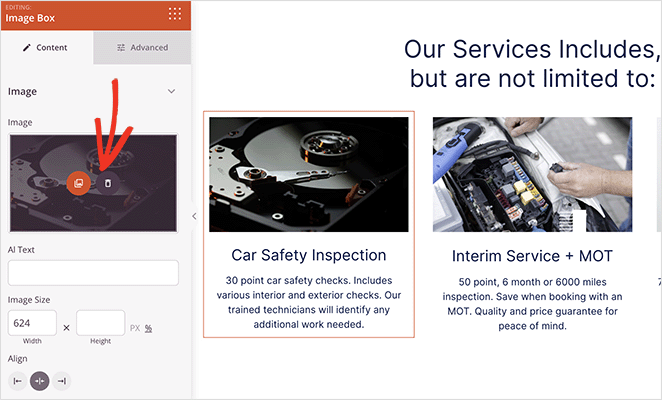 Swap or delete images in a WordPress service section