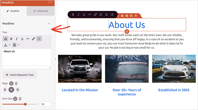 Editing a service page headline layout in WordPress