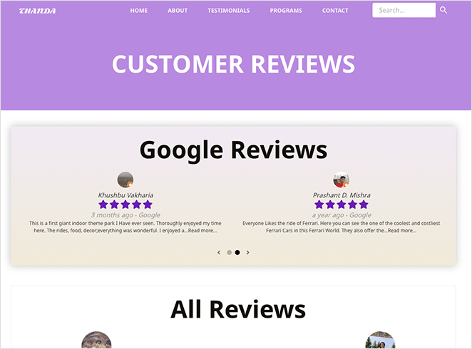 embed-google-reviews-WordPress-example - SeedProd Embed Google reviews WordPress example