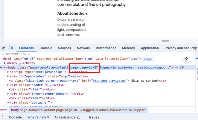 inspect-WordPress-page-id - SeedProd Finding the WordPress page ID in inspect element tool