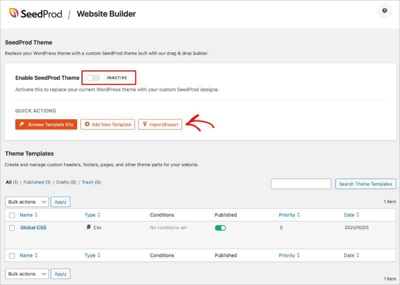 redesigned-website-builder-dashboard-seedprod - SeedProd SeedProd Website Builder dashboard with theme import and export controls and toggle to enable the active SeedProd theme.