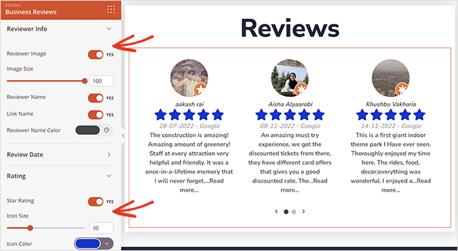 SeedProd Business Reviews Block settings screenshot