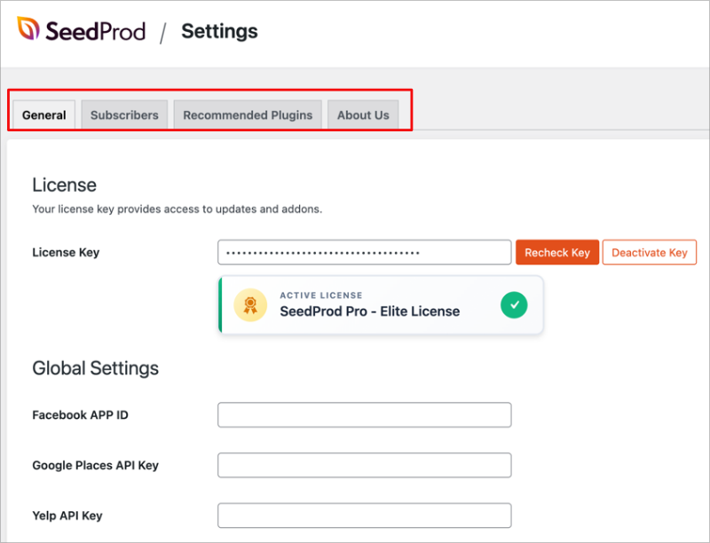 seedprod-settings-redesign - SeedProd New Settings screen in SeedProd with organized tabs for General, Subscribers, Recommended Plugins, and About Us.