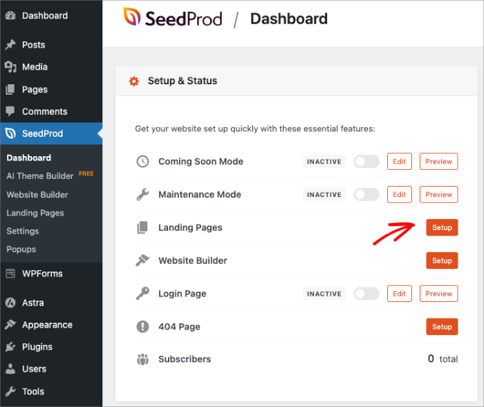 SeedProd setup screen for creating a new landing page in WordPress.