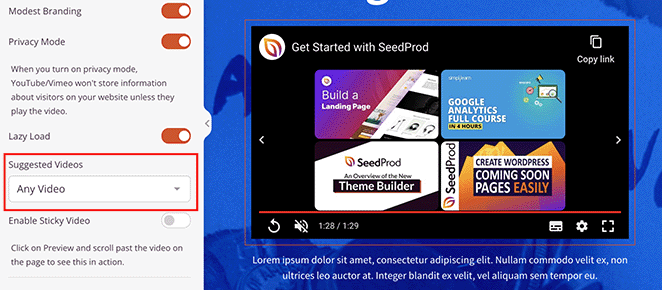 suggested-videos - SeedProd Suggested video settings in SeedProd video popup block