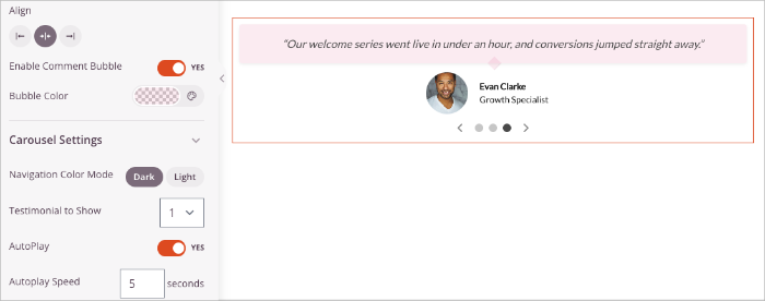 Carousel settings for rotating customer testimonials in SeedProd.
