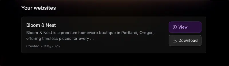 SeedProd AI dashboard with option to download your generated website as a zip file