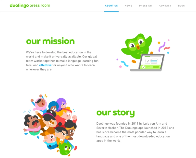 duolingo-press-page - SeedProd Duolingo press room with mission, story, and press links