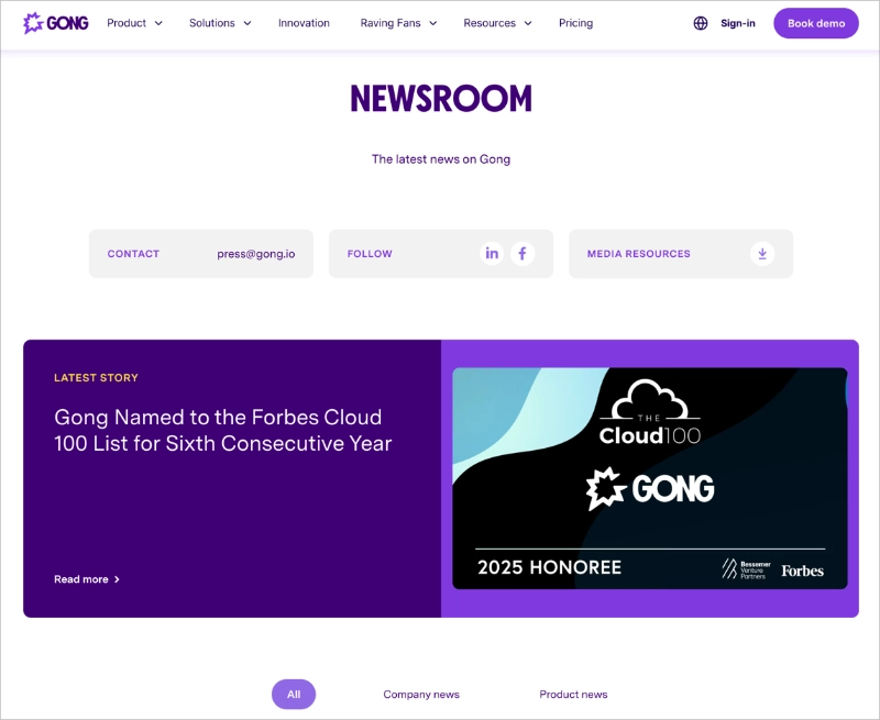 gong-press-page-design - SeedProd Gong press page with media kit button and news filters
