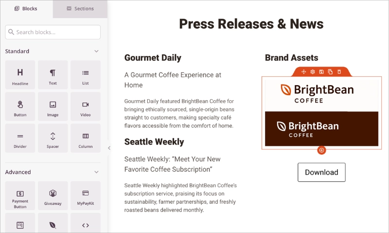 press-page-elements - SeedProd Essential press page sections: media contact, assets, boilerplate, news